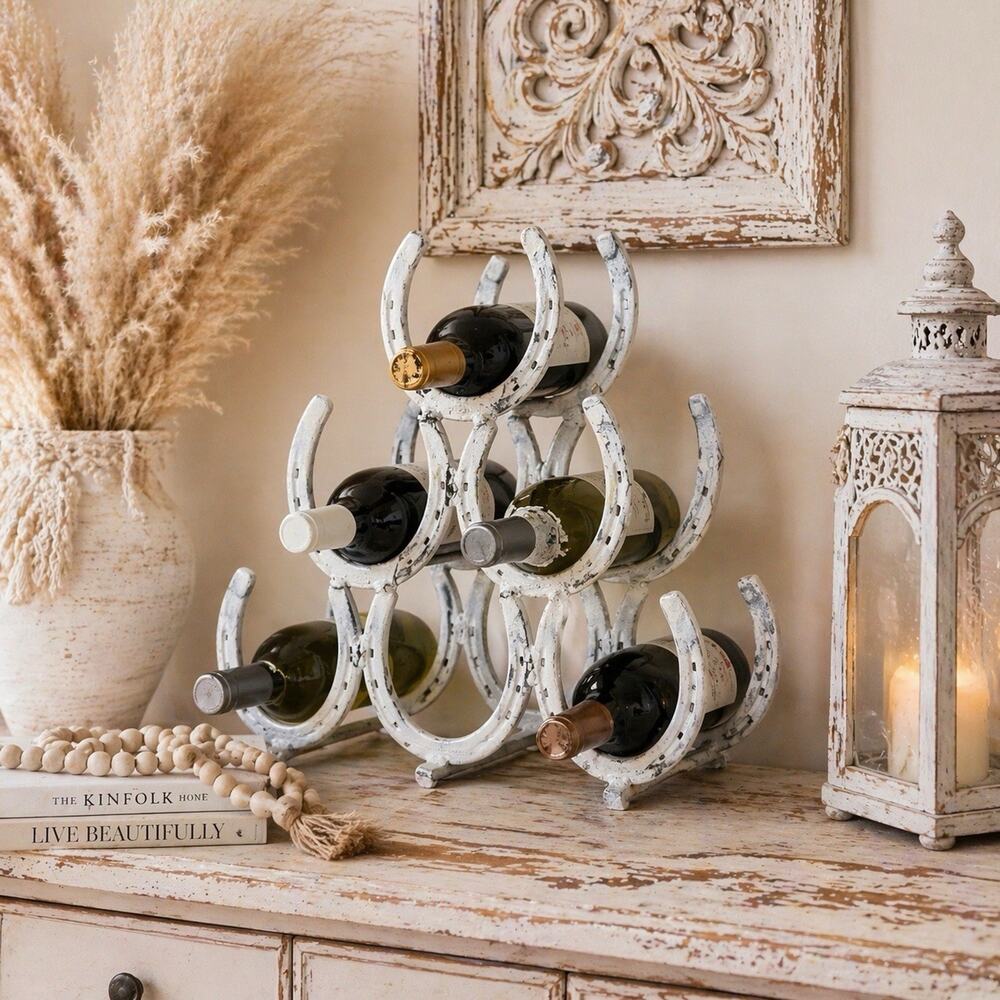 Western Horseshoe Wine Rack Farmhouse Decor Distressed White Metal Six Bottle